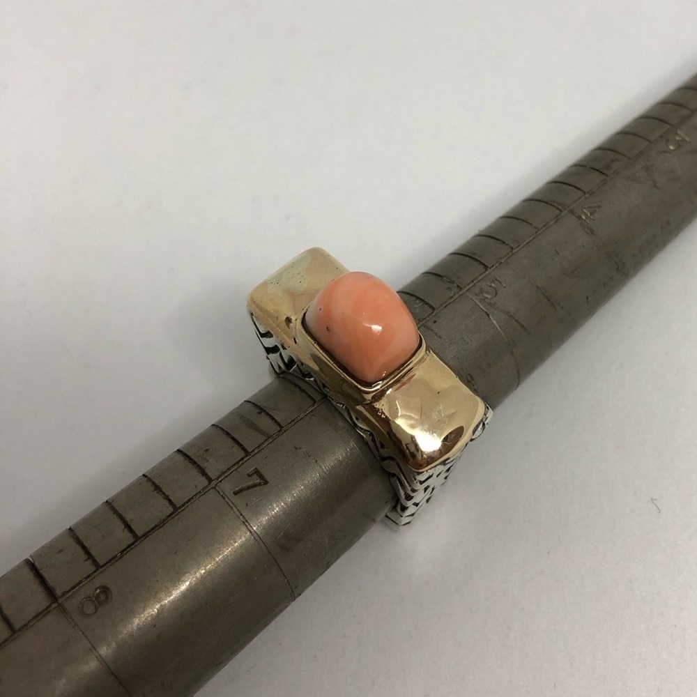 Dian Malouf Two-Tone SS & 14kt Statement Ring with Coral Pink Cabochon - Picture 9 of 10
